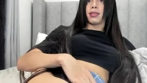 long dark Hair Transgirl Tugs Her massive 10-Pounder On cam