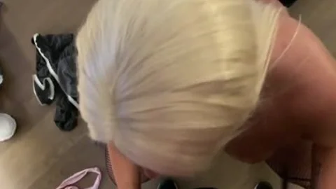 blonde TS large nice-looking woman hammering A Nerd