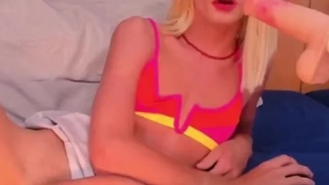Skinny blonde Transgirl In nylons Tugs Her large penis On webcam