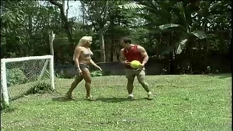 lewd pokeer bangling Posh blonde shelady On A Football Field